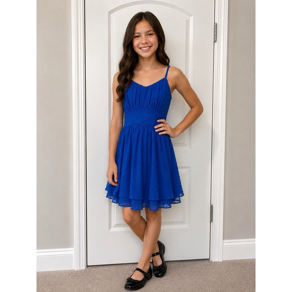 Rare Editions Girls Romper Size 7 NWT Royal Blue Swiss Dot Chiffon
